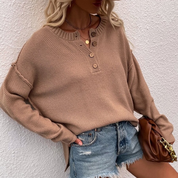 Bellanblue Sweaters - Khaki Button up Knit Oversized Sweater Top